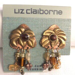 Liz Claiborne Flower Clip On Earrings Gold & Bronze Tone NOC